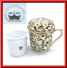 【美品】 ROYAL ARDEN ロイヤルアーデン 茶こし・蓋付 マグカップ ハーブティー 紅茶 緑茶 カップ アラベスク ボタニカル模様 洋食器 食器 英国風 茶器