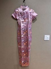 高級チャイナドレス　タイシルク　ピンク　サイズ32　XXSサイズ　ロング丈　チャイナ服