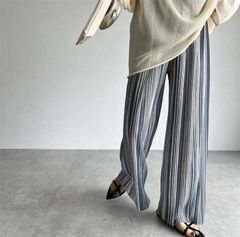 人気商品 ワイドパンツ 春夏 プリーツパンツ レディース ストライプパンツ 涼感 プリーツワイドパンツ ロングパンツ 配色 ボトムス ウエストゴム 冷感素材 カジュアル 涼しい 爽やか 薄手 シンプル 大きいサイズ 着痩せ ゆったり 美脚
