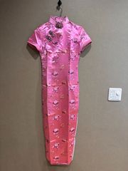 高級チャイナドレス　タイシルク　ピンク　サイズ34　XSサイズ　ロング丈　チャイナ服