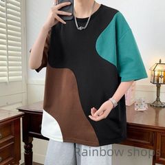 【新品未使用】Tシャツ 半袖 メンズ カットソー クルーネック 切り替え 配色 半袖Tシャツ ティーシャツ カジュアル 五分袖Tシャツ ルームウェア トップス 夏 夏服 スポーツ  