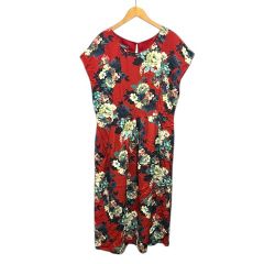 ローラアシュレイ LAURA ASHLEY ワンピース クルーネック フレア レーヨン 花柄 ロング フレンチスリーブ 38 赤 レッド