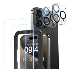 NIMASO ガラスフィルム (2枚) + カメラフィルム (2枚) iPhone15Pro用 強化ガラス 保護フィルム ガイド枠付き