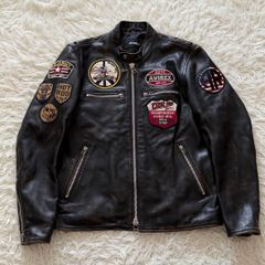 Lサイズ★アヴィレックス 羊革 シングルライダース ワッペン 黒 レザー 革