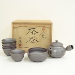 萬古焼　舘正規造　煎茶器セット（共箱）  茶道具 おしゃれ かわいい 来客 レトロ ヴィンテージ 骨董 食器 道具 茶会 茶の湯 茶席 茶事