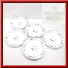 フランス製 arcopal アルコパル ミルクガラス 強化ガラス 乳白色 プレート カレー皿 パスタ皿 スープ皿 深皿 盛皿 食器 洋食器 5枚セット ブルーフラワー ボタニカル柄