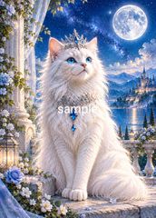 白猫と満月の幻想アート 月光の白猫姫 猫の絵画《月光の白猫姫 ― 蒼い瞳に宿る月の魔法》 インテリア No.1753