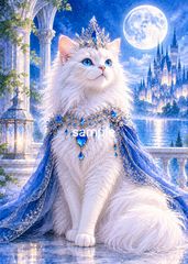 白猫 猫の絵 サファイア 幻想的な絵画《蒼き宝石の猫女王 ― サファイアの宮殿》 インテリアアート No.1754
