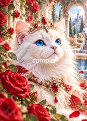 白猫と赤い薔薇 猫の絵 幻想的な絵画 《薔薇の庭の猫姫 ― 深紅の薔薇に愛されて》  インテリアアート No.1755