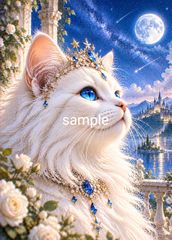 白猫と星空 猫の絵 満月 幻想的な絵画《星降る夜の白猫 ― 蒼い瞳の願い》 ヒーリングアート No.1756