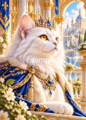 白猫と黄金宮殿 猫の絵 幻想的な絵画 《黄金宮殿の猫王子 ― 琥珀色の瞳》インテリアアート No.1757