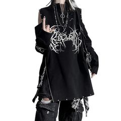 【新品】 [Jundakara] オープンショルダー パーカー レディース 長袖 ハイネック 病みかわいい ハーフジップ チュニック丈 トップス サブカル系 パンク 原宿系 渋谷系 韓国系 Y2K 服 ゆったり 大きいサイズ 学生 春 秋 冬 黒 ブラック