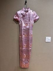 高級チャイナドレス　タイシルク　ピンク　サイズ32　XXSサイズ　ロング丈　チャイナ服