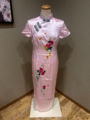 高級チャイナドレス　タイシルク　ピンク　サイズ36　Sサイズ　ロング丈　チャイナ服