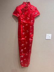 高級チャイナドレス　タイシルク　赤　サイズ34　XSサイズ　ロング丈　チャイナ服