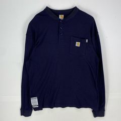 古着 カーハート Carhartt 長袖Tシャツ ワンポイント ヘンリーネック 胸ポケット ロンT L  ネイビー系 メンズ