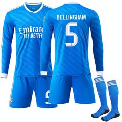 25-26 レアル・マドリード アウェイ 長袖 ブルー 秋冬 5番 ベリンガム サッカーユニフォーム キッズ 大人用 上下セット 3点セット ソックス付き スポーツウェア