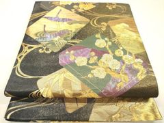 平和屋着物▼袋帯　螺鈿箔　松竹梅　色紙飛鶴花文　金彩　引箔　正絹　逸品　DABL2155fe