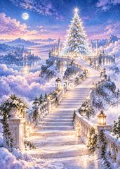 クリスマスツリー 天空の階段 幻想的な風景画 インテリアアート【聖夜collection No.003】