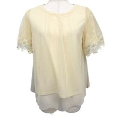 【中古】[印象AB] axes femme アクシーズファム 袖口レースチュールレイヤードTシャツ レディース F イエロー 黄 ポリエステル×綿 花柄 半袖 中国製 古着 袖口スカラップ ショートスリーブ