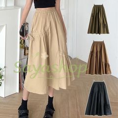 Aラインスカート 夏服 レディース フレアスカート ギャザー ウエストゴム リボン ミモレ丈スカート 無地 20代 30代 40代 スカート お出かけ リゾート 可愛い 