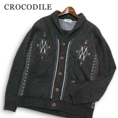 CROCODILE クロコダイル 秋冬★ 長袖 ウール ネイティブ柄 ロゴ刺繍 ニット ショールカラー カーディガン Sz.M メンズ 灰