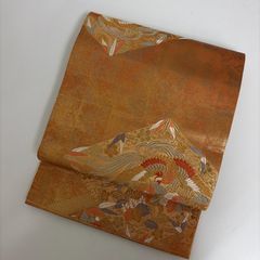 袋帯 正絹 ひしがに鳳凰と草花の唐織 引箔 六通 c-2445