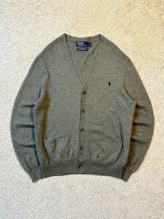 レディース L POLO RALPH LAUREN ポロラルフローレン ネイビーポニー メリノウール 肘当て Vネック カーディガン グレー