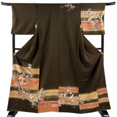 訪問着 身丈165.5cm 裄丈67.5cm L 袷 松竹梅 鶴 金彩 ぼかし 茶緑色 正絹 秀品 【中古】
