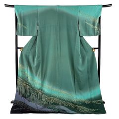 訪問着 身丈172cm 裄丈67.5cm L 袷 藤 笹 絞り 金彩 緑 正絹 名品 【中古】