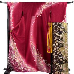 【美品】 振袖 身丈164cm 裄丈68cm L 袷 袋帯フルセット 桜 花びら 銀通し 箔 赤 正絹 名品 【中古】