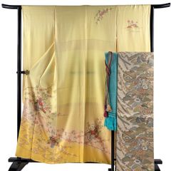 振袖 身丈159cm 裄丈62.5cm S 袷 袋帯フルセット 花車 花籠 金彩 ぼかし 黄色 正絹 名品 【中古】