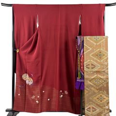 振袖 身丈158.5cm 裄丈66.5cm M 袷 鈴乃屋 袋帯フルセット 鞠 桜 刺繍 金糸 えんじ色 正絹 名品 【中古】