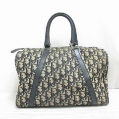 クリスチャンディオール Christian Dior トロッター ミニボストン ハンド バッグ キャンバス レザー ネイビー ベージュ ヴィンテージ ☆AA★