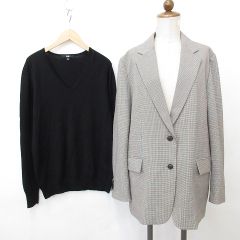 ユニクロ UNIQLO ジャケット ニット 2点セット テーラージャケット シングル チェック 背裏 セーター 長袖 Vネック ベージュ 黒 ブラック XL