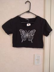 ​ SUREVE バタフライ ラインストーン ショート丈 Tシャツ M ブラック