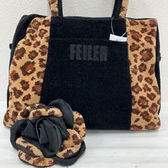 9821　FEILER　フェイラー　ハンドバッグ　ブラック　ベージュ　レオパード　ヒョウ柄　アニマル柄　コサージュ　ブローチ　レディース　シュニール織り