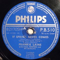 78RPM/SP Frankie Laine, Paul Weston & H If Spring Never Comes / Bring Your Smile Along PB510 PHILIPS