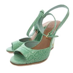 트리버치 TORY BURCH サンダル ウェッジソール クロコ型押し ストラップ 5 緑 グリーン FF ■GY62