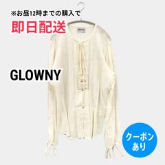 GLOWNY グロウニー シャツ/ブラウス ホワイト コットン リボン ストライプ柄 ミドル丈 長袖 ノーカラー レディース