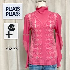 ■美品■PLEATS PLEASE A-POC プリーツプリーズイッセイミヤケ　エイポック　ジオメトリック柄　フリルタートルネックトップス　size３/L相当　ピンク　メッシュ切替　日本製　レディース