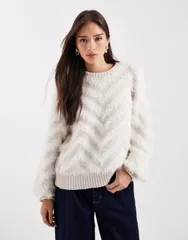 オブジェクト レディース アウター ニット・セーター セーター ニット Object tonal fluffy chevron knit sweater in cream White Sand ホワイ