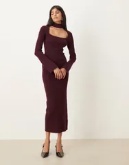 プリティラヴィッシュ レディース トップス ワンピース ニット Pretty Lavish knit square neck choker detail midaxi dress Burgundy バ