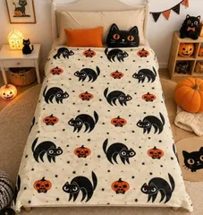 黒猫 カボチャ かわいい 白 ハロウィン お祝い プレゼント 友達 面白イラスト 送料無料 多種サイズ 面白オリジナル熱転写プリント フランネル毛布 ポリエステル100% 敬老 プレゼント 母の日 父の日 贈物 日本国内製造