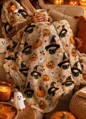 犬 魔女の帽子 カボチャ ハロウィン お祝い プレゼント 友達 面白イラスト 送料無料 多種サイズ 面白オリジナル熱転写プリント フランネル毛布 ポリエステル100% 敬老 プレゼント 母の日 父の日 贈物 日本国内製造