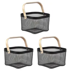 TAMATOSHI 収納バスケット スチール メッシュ 持ち手付き フルーツ 食品 小物収納 おしゃれ 正方形 ブラック 3個セット 見せる収納,キッチン,ボックス,ワイヤー,収納かご,タオル,洗面所,通気性,北欧風収納バスケット,おもちゃ入れ,アウトドアym