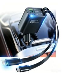 車 充電器 5in1 Car Charger 巻き取り式 車載充電器 シガーソケット カーチャージャー カー用品 (ブラック) | USB-A & Type-C & PDポート, 電圧ディスプレイ搭載, 急速充電対応, Lightning & f2482639