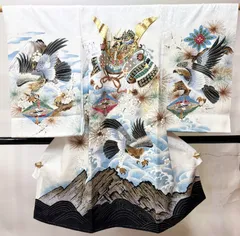 お宮参り 産着 初着 のしめ 男児 男の子 正絹 綸子地 金刺繍 白地 兜 鷹 富士山 着物 祝着 一つ身 掛け着 熨斗目 NO44071