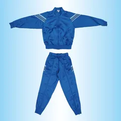 【特価・１セットのみ！】ジャージ上(L)下(M)　オープンシャツ　ロングパンツ　ブルー×水紺ライン　上着　長ズボン　KIK【送料込み】