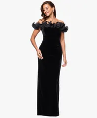 エスケープ レディース トップス ワンピース フリル ベルベット XSCAPE Womens Velvet Off The Shoulder Ruffle Dress 4P16 Black ブラック